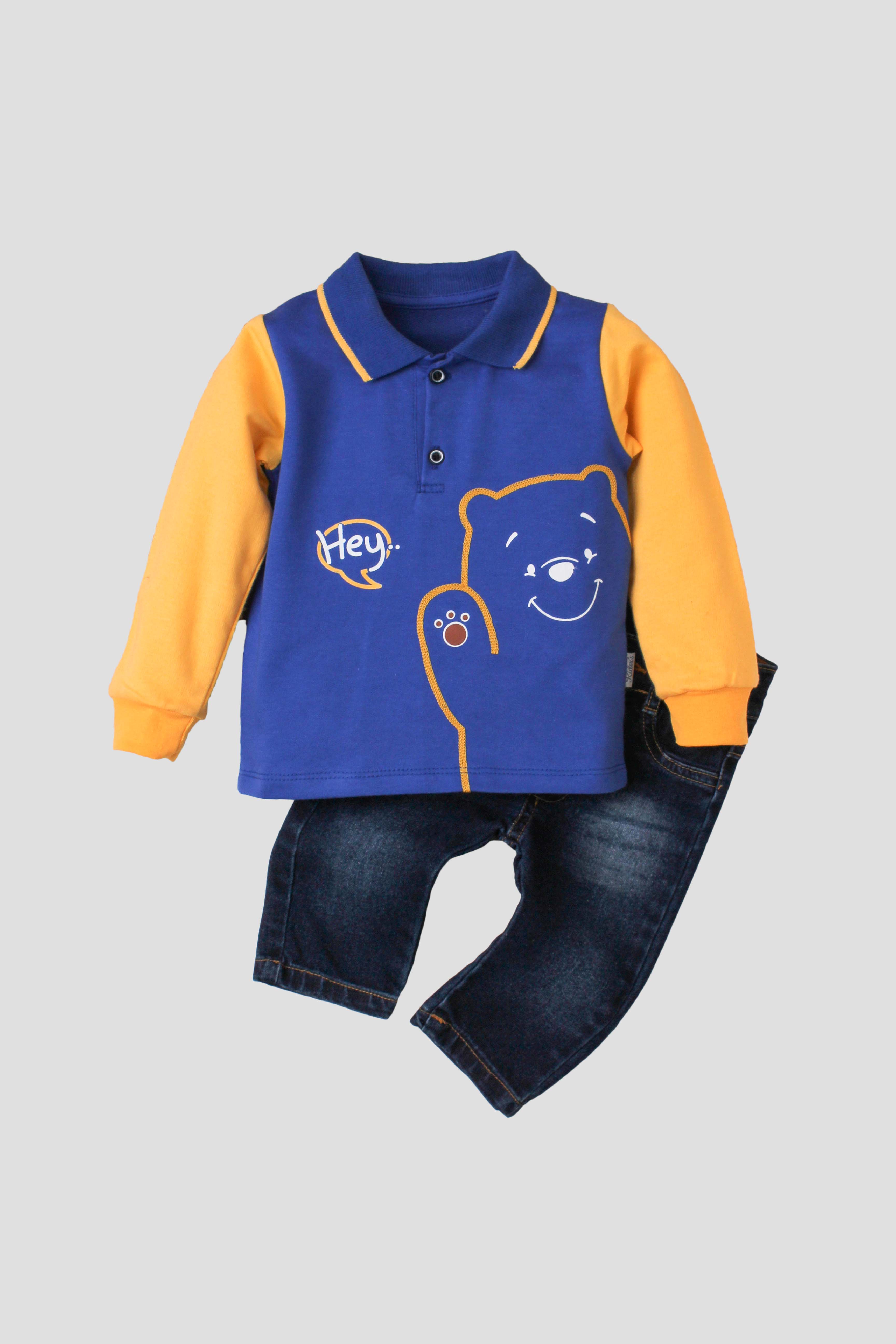 Erkek Bebek Ayıcık Baskılı Polo Yaka Sweatshirtlü Kot Pantolonlu 2'li Takım 9 24 Ay
